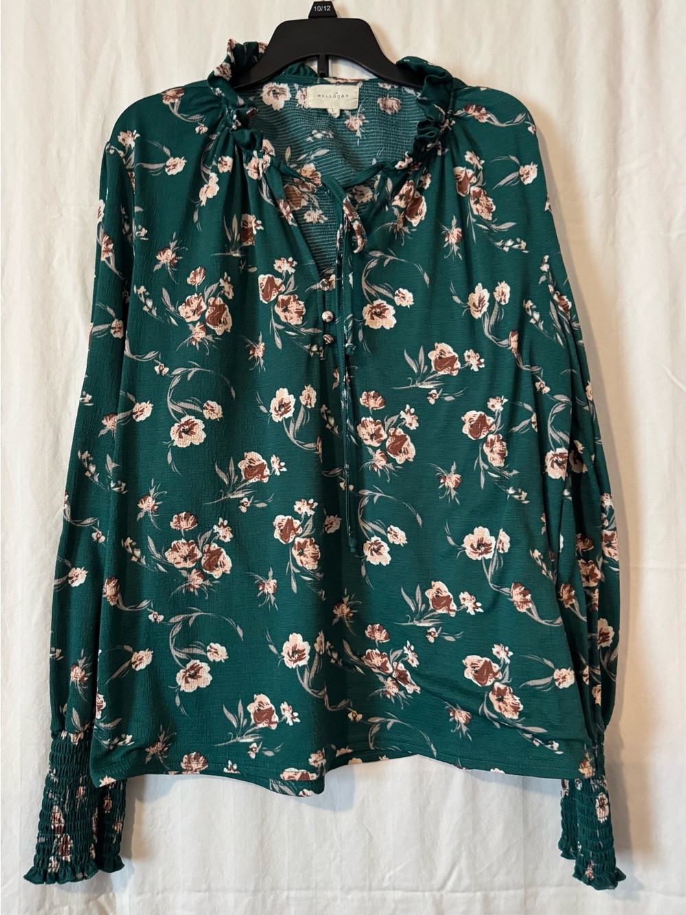 Melloday Floral Ruffle-Neck Blouse – Green – L